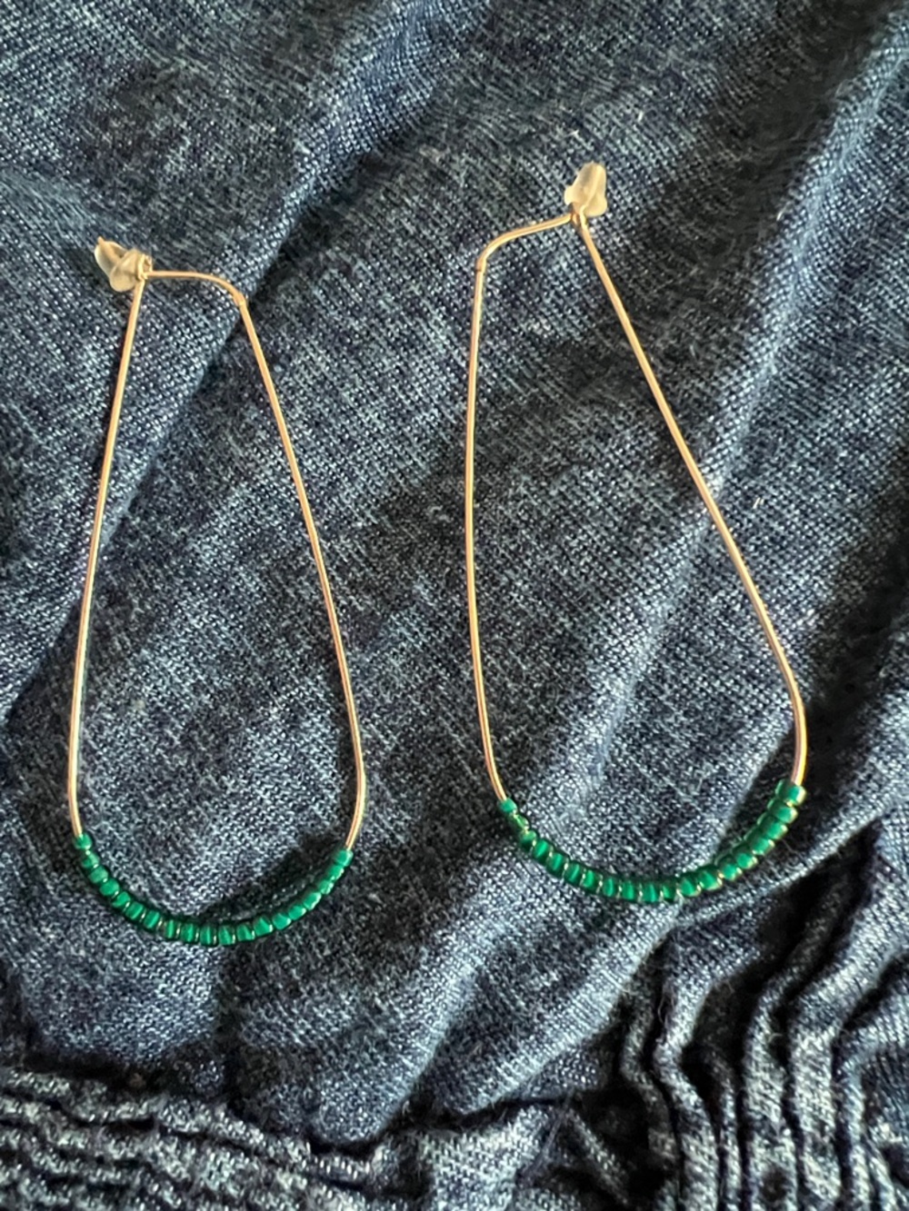 Gold Teardrop Hoop Earrings with Green Beads - Women Jewelry